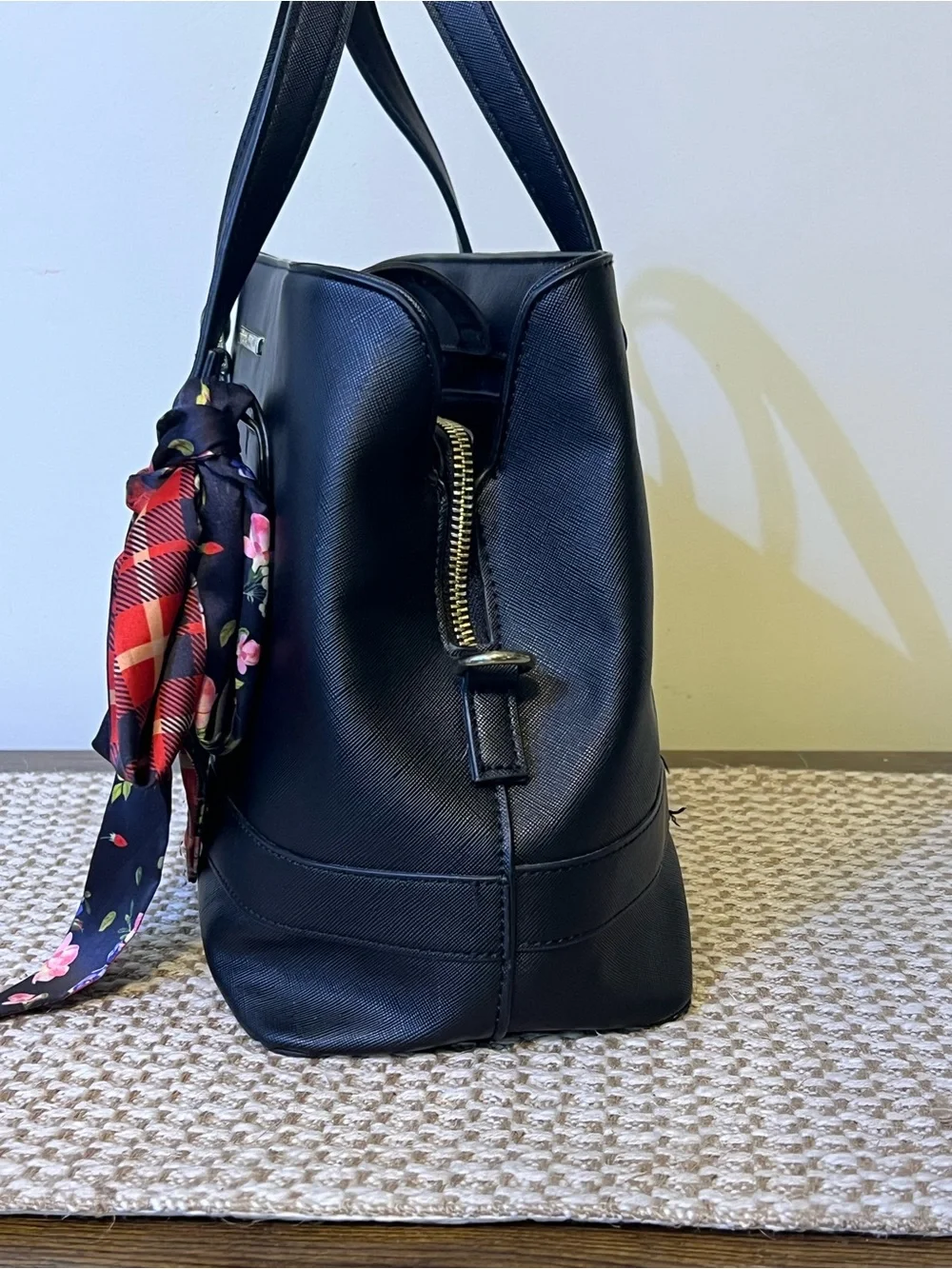 Steve Madden Black Textured Dome Satchel Tote Purse with Floral Scarf Charm